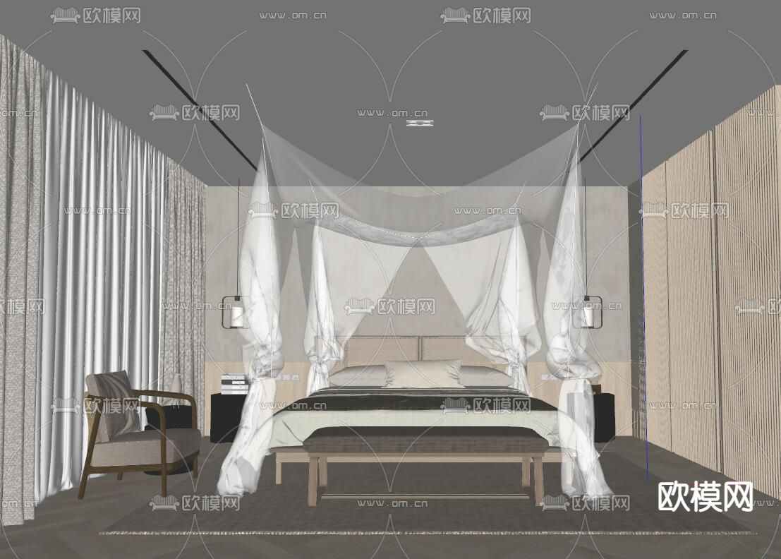 日式卧室 主人房su模型下载（渲染图2）