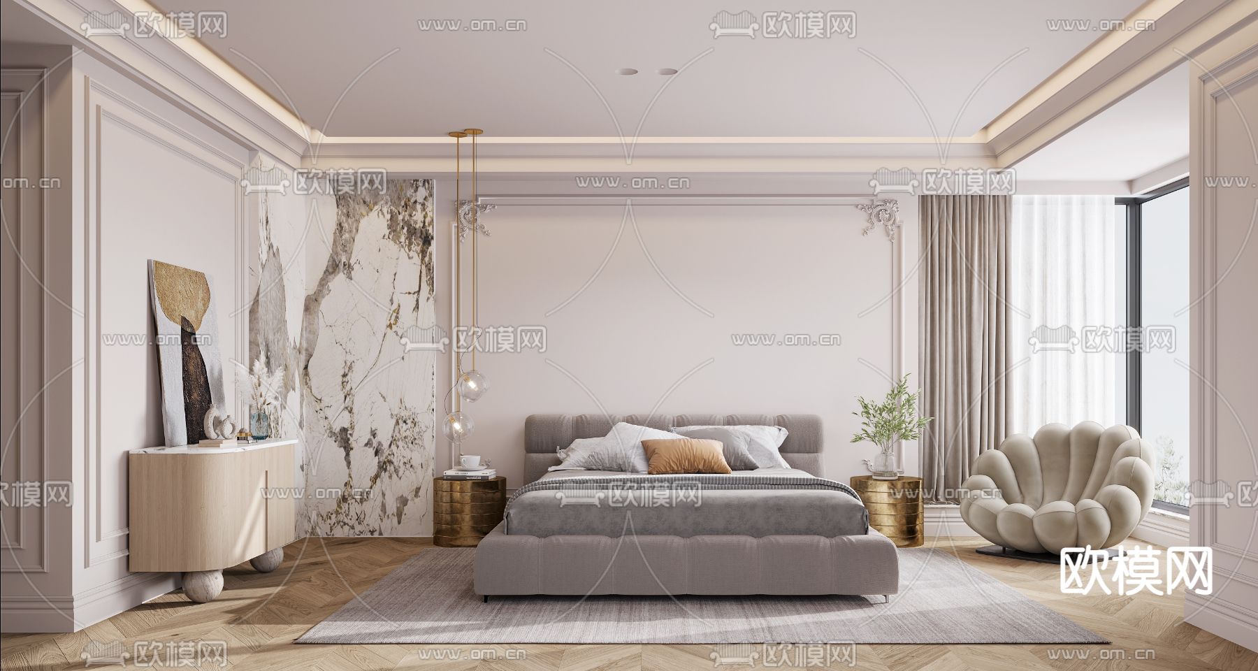 法式卧室 主人房3d模型下载（渲染图1）