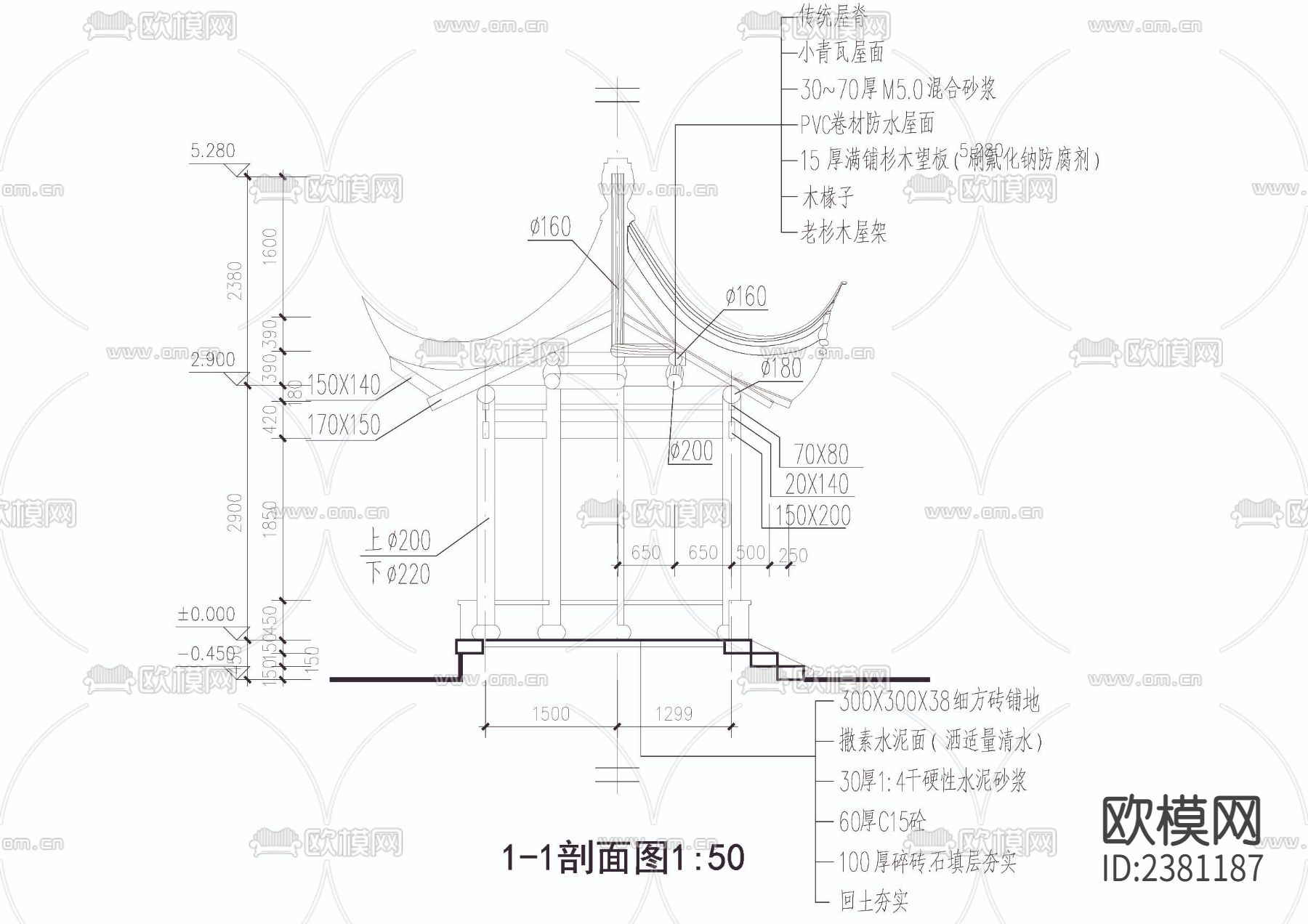 六角组合亭cad大样图下载（渲染图4）