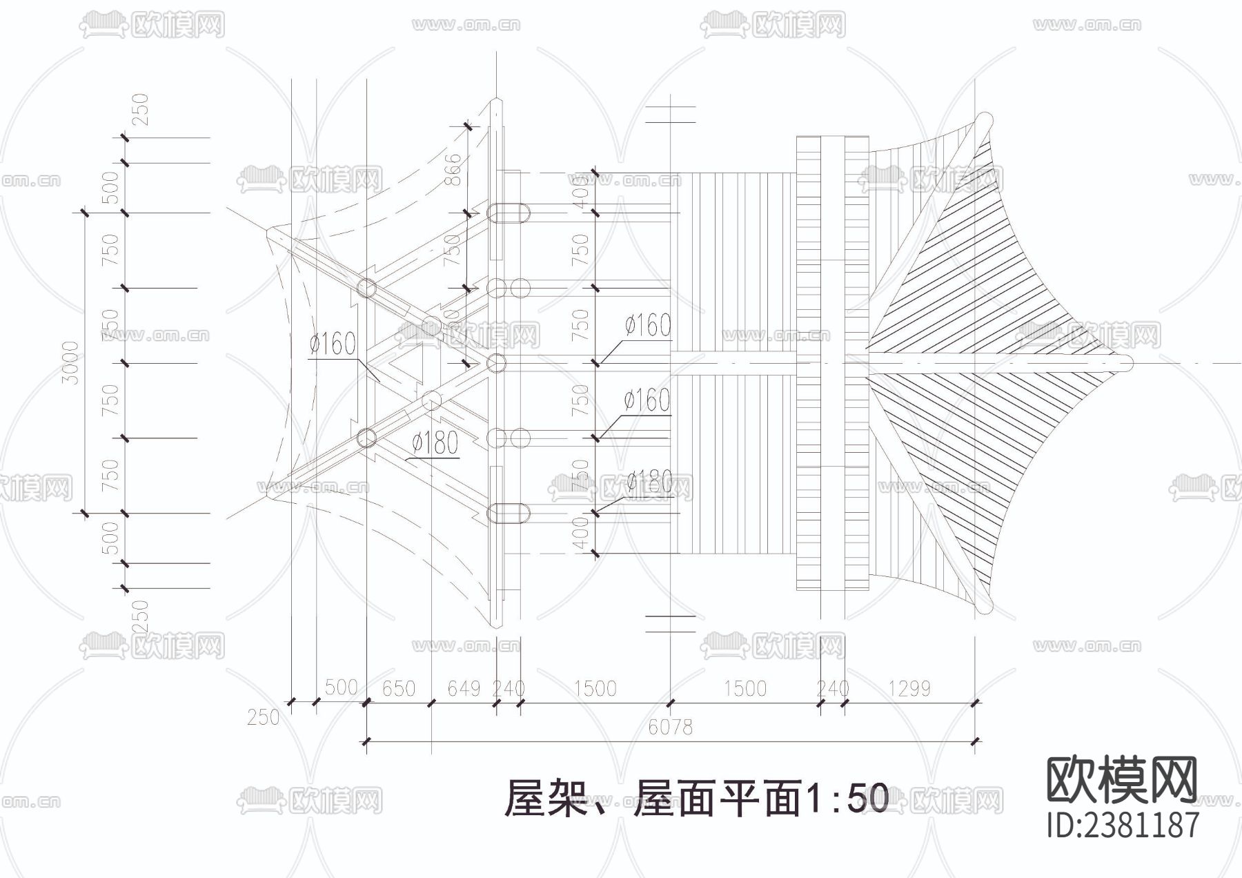 六角组合亭cad大样图下载（渲染图2）