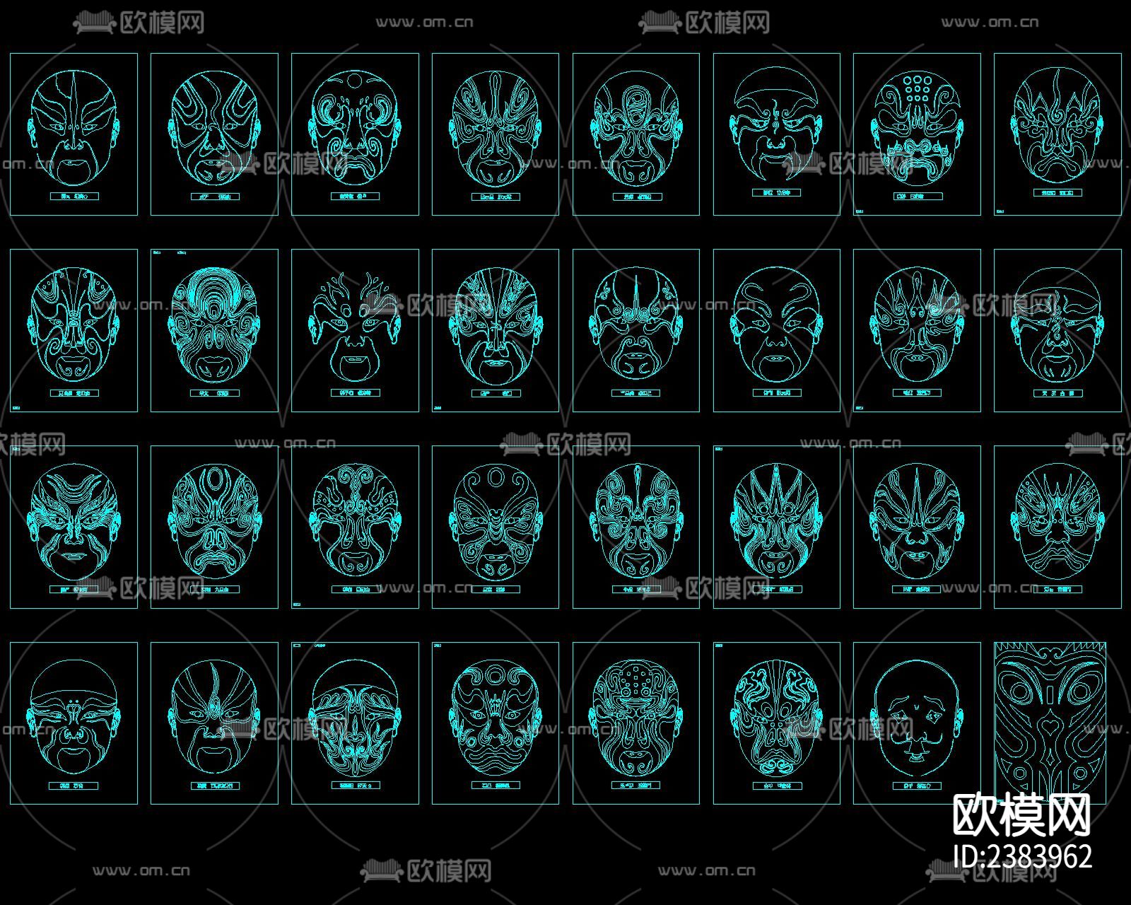 京剧脸谱百福字花雕花纹cad图库下载（渲染图5）