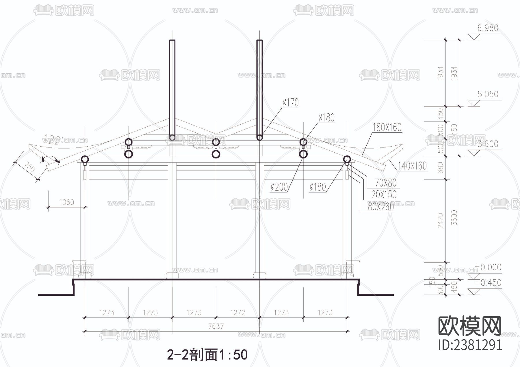 套方亭cad大样图下载（渲染图3）
