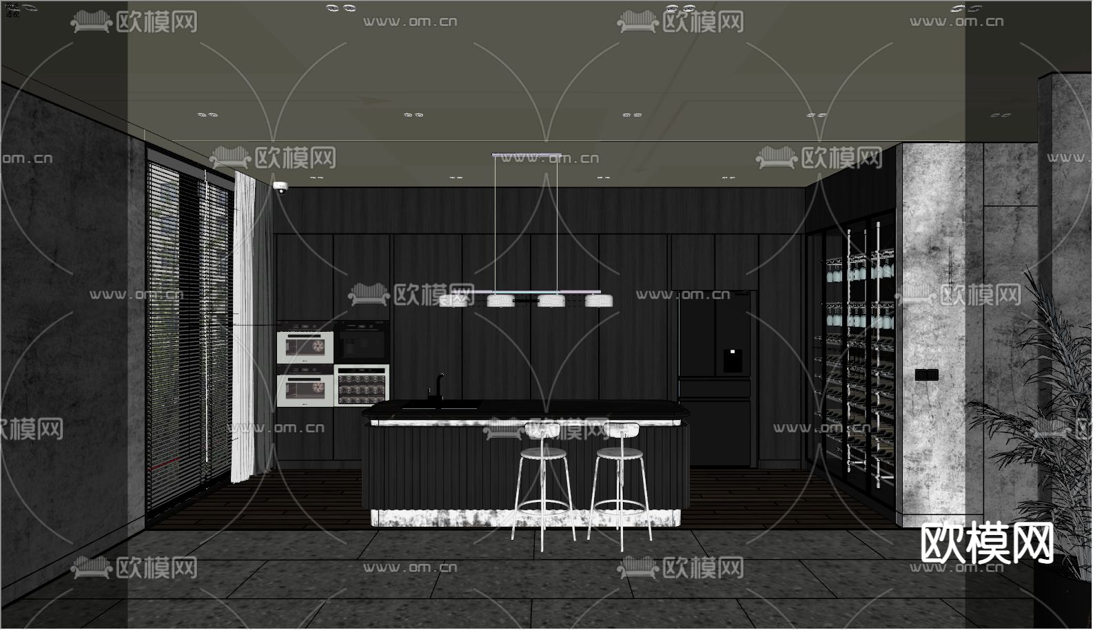 现代中岛台 吧台 酒柜su模型下载（渲染图2）