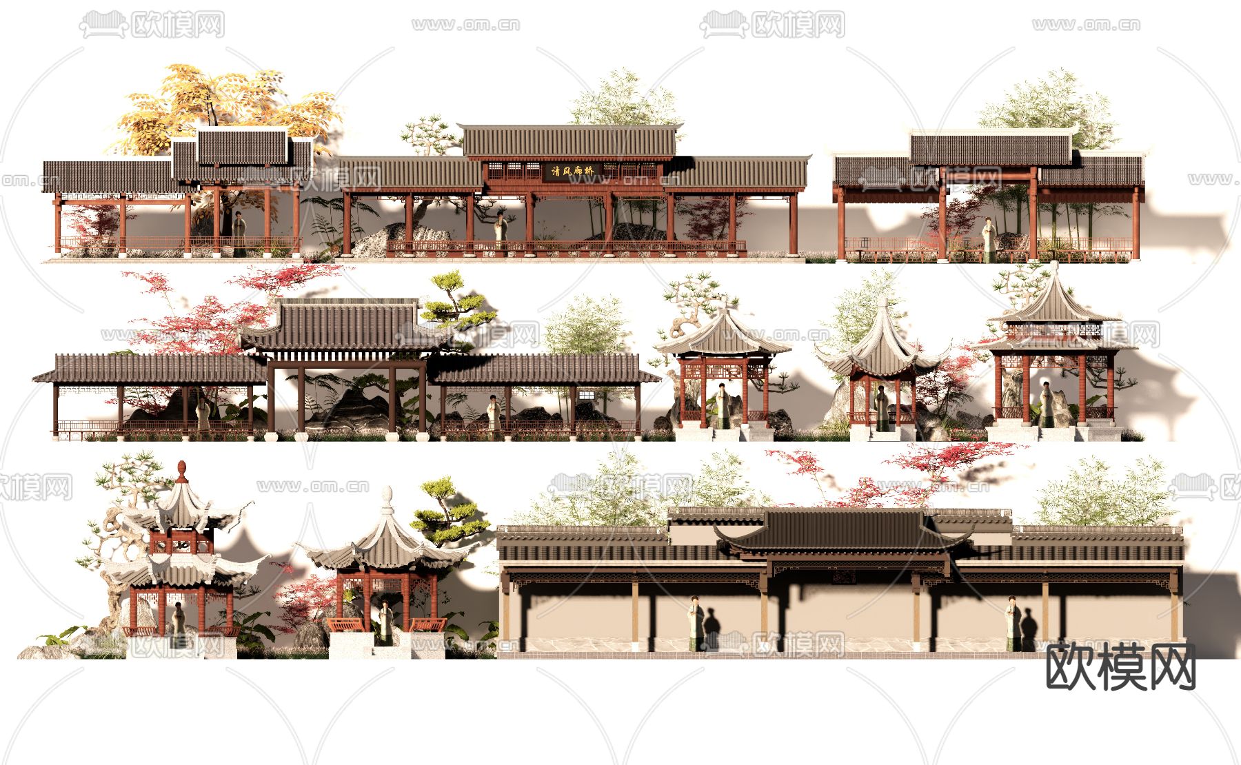 新中式凉亭 长廊su模型