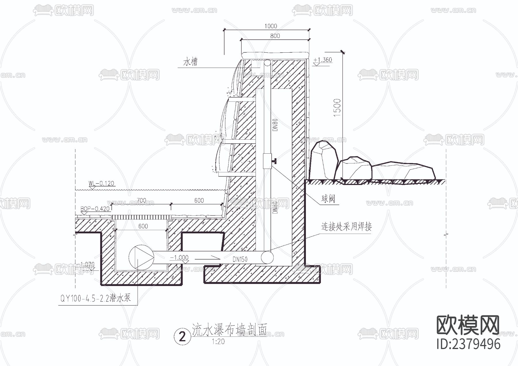 流水瀑布墙CAD节点大样下载（渲染图4）