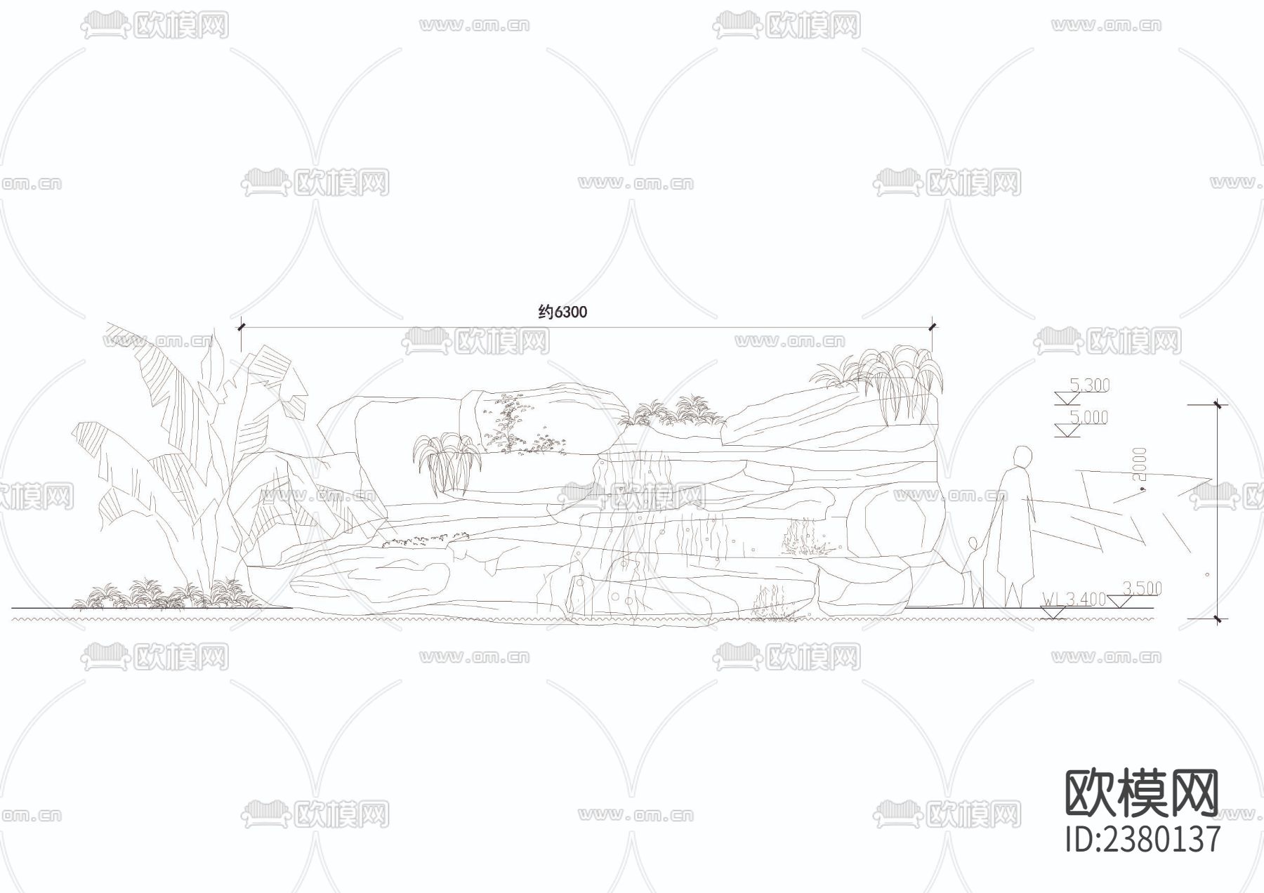 假山瀑布立剖面图节点大样下载（渲染图2）