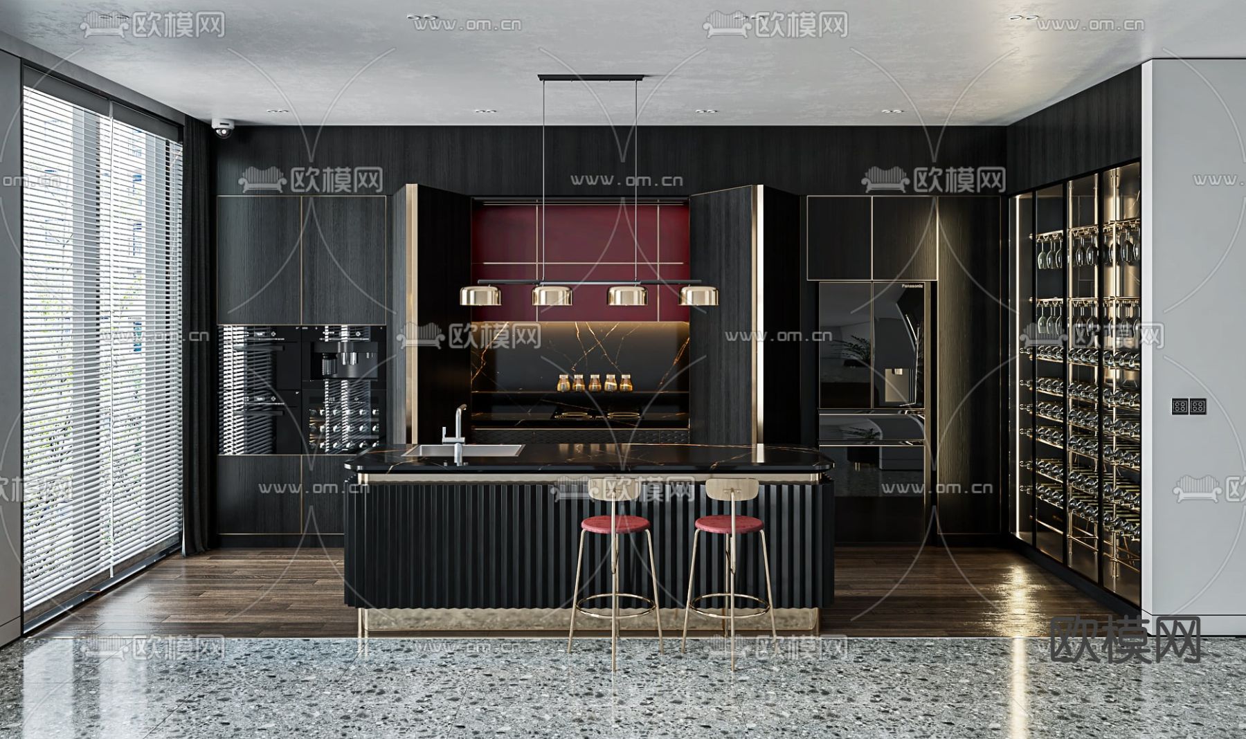 现代中岛台 吧台 酒柜su模型下载（渲染图1）