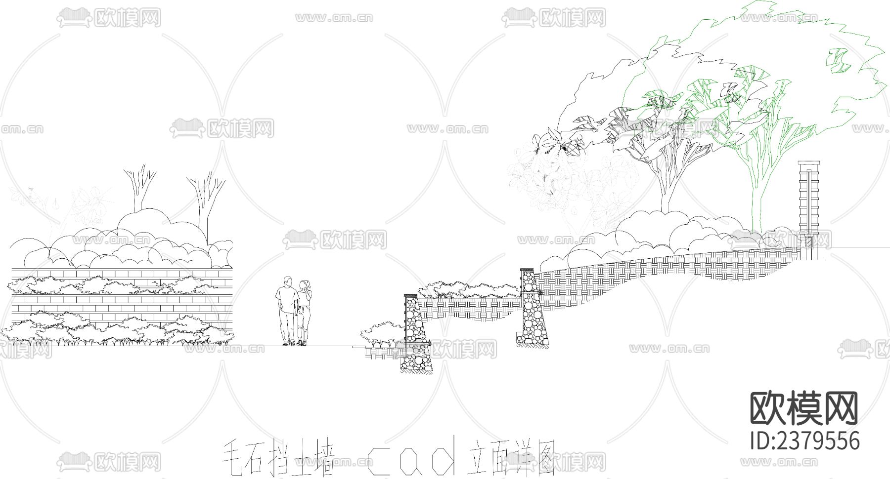 美丽乡村-乡村振兴项目毛石挡土墙CAD施工图下载（渲染图1）