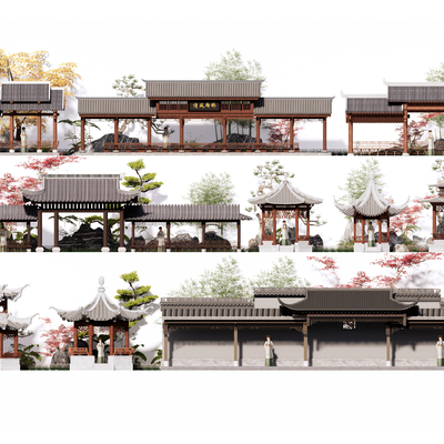 新中式凉亭 长廊su模型