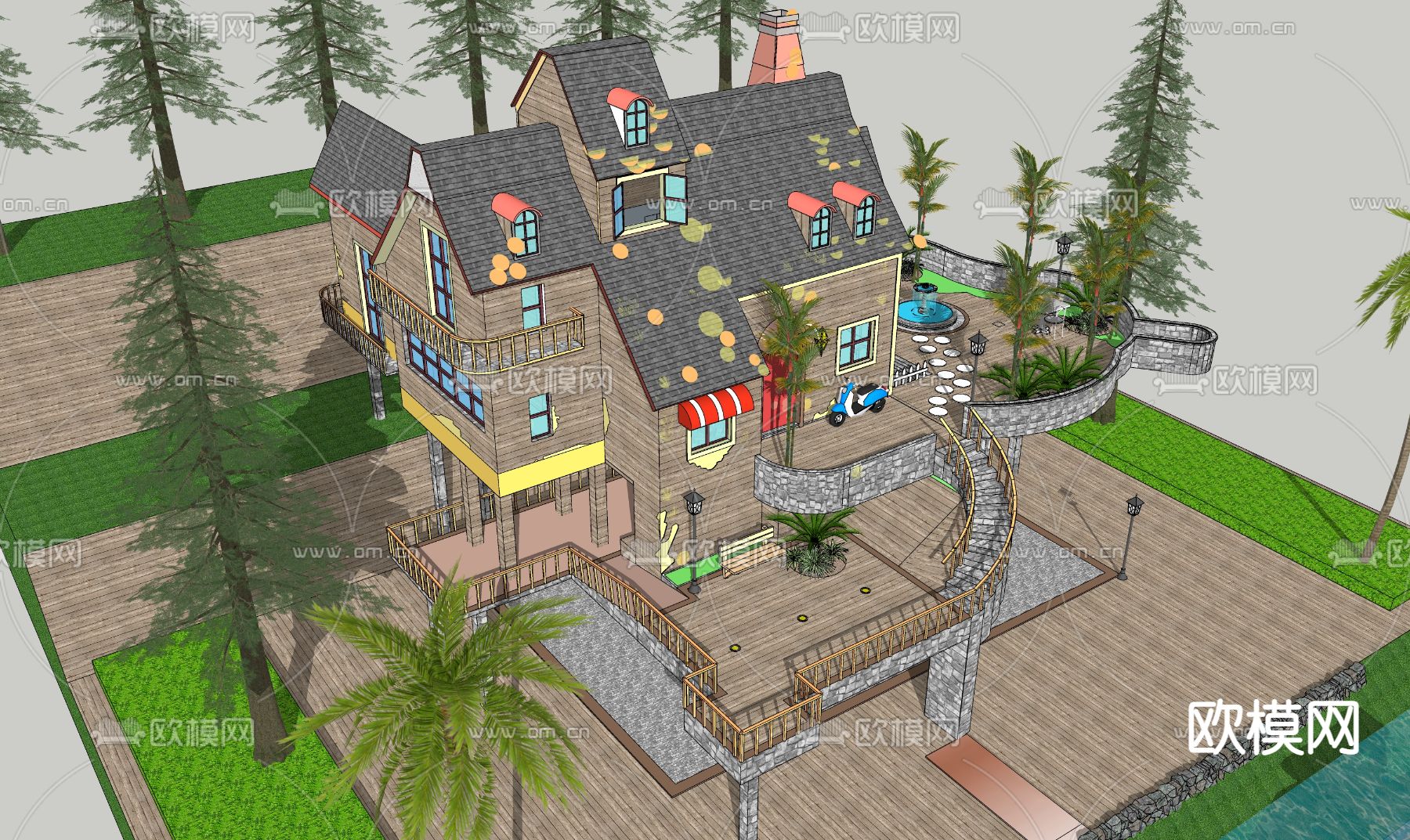 美式别墅外观su模型下载（渲染图2）