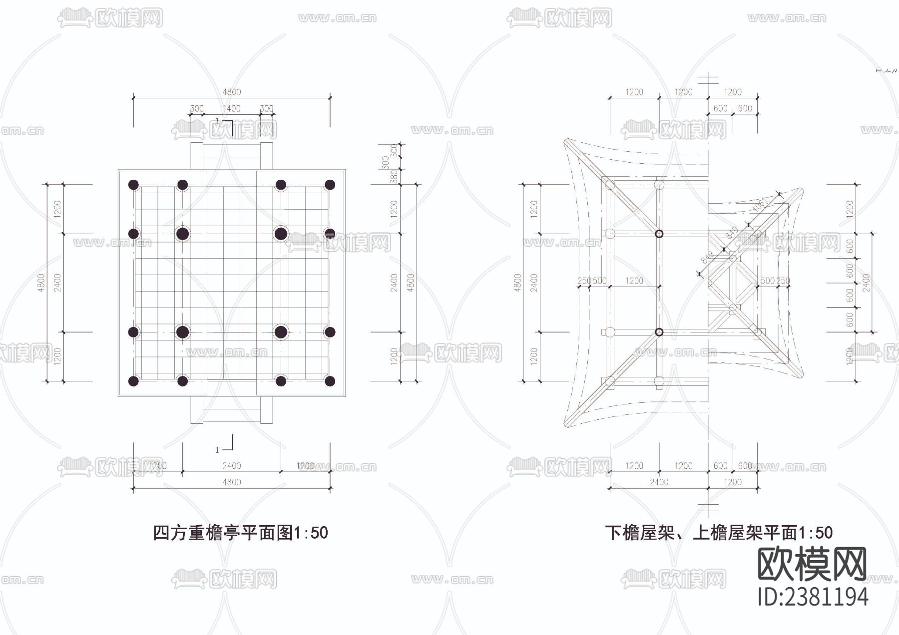 四方重檐亭cad大样图下载（渲染图3）