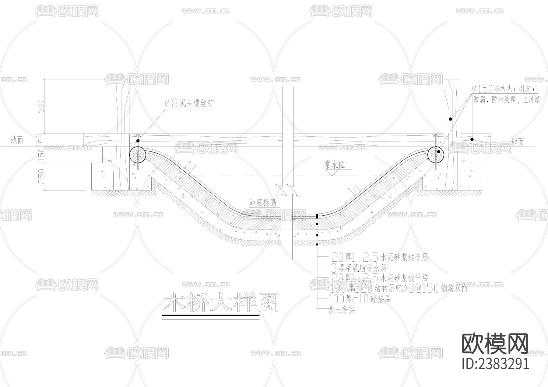 木桥 平桥 步石cad大样图下载（渲染图3）