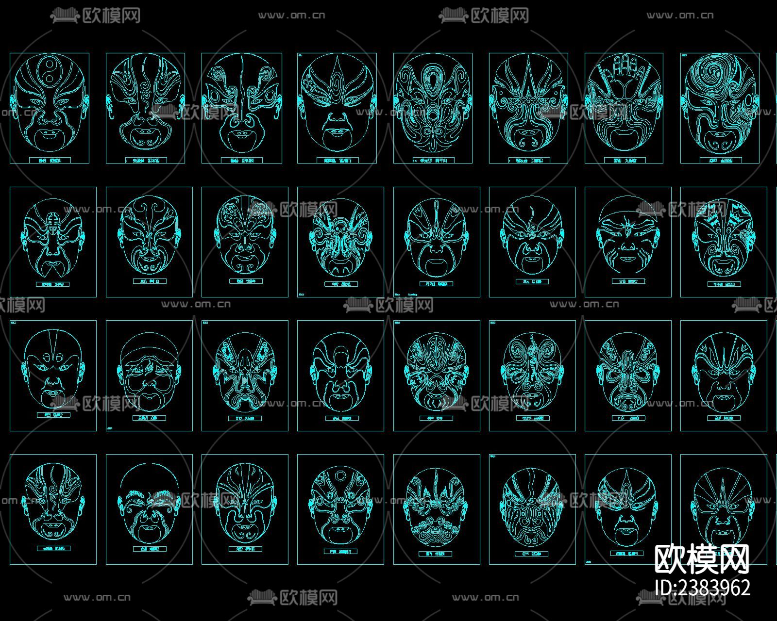 京剧脸谱百福字花雕花纹cad图库下载（渲染图9）