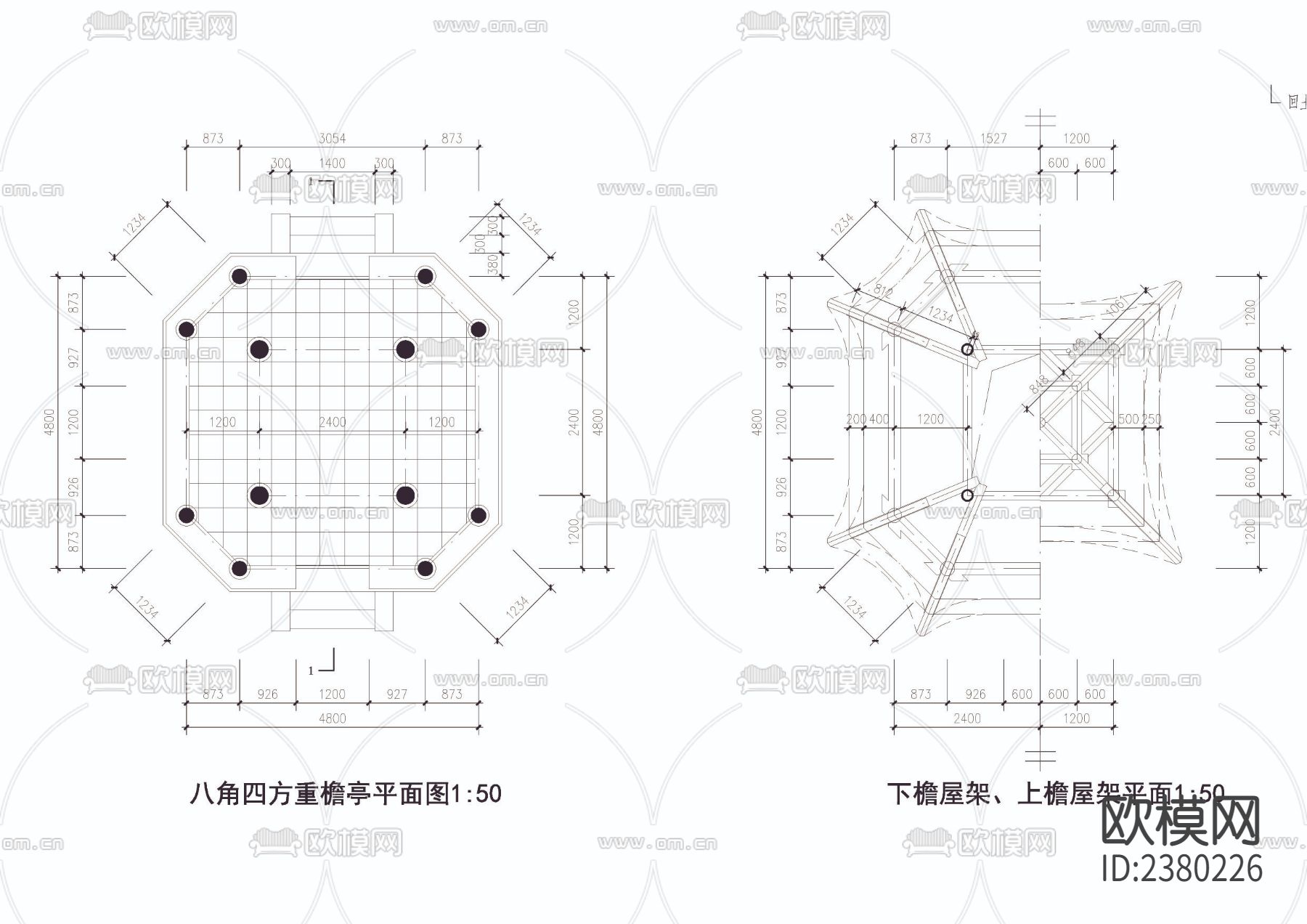 八角四方重檐亭cad大样图下载（渲染图2）