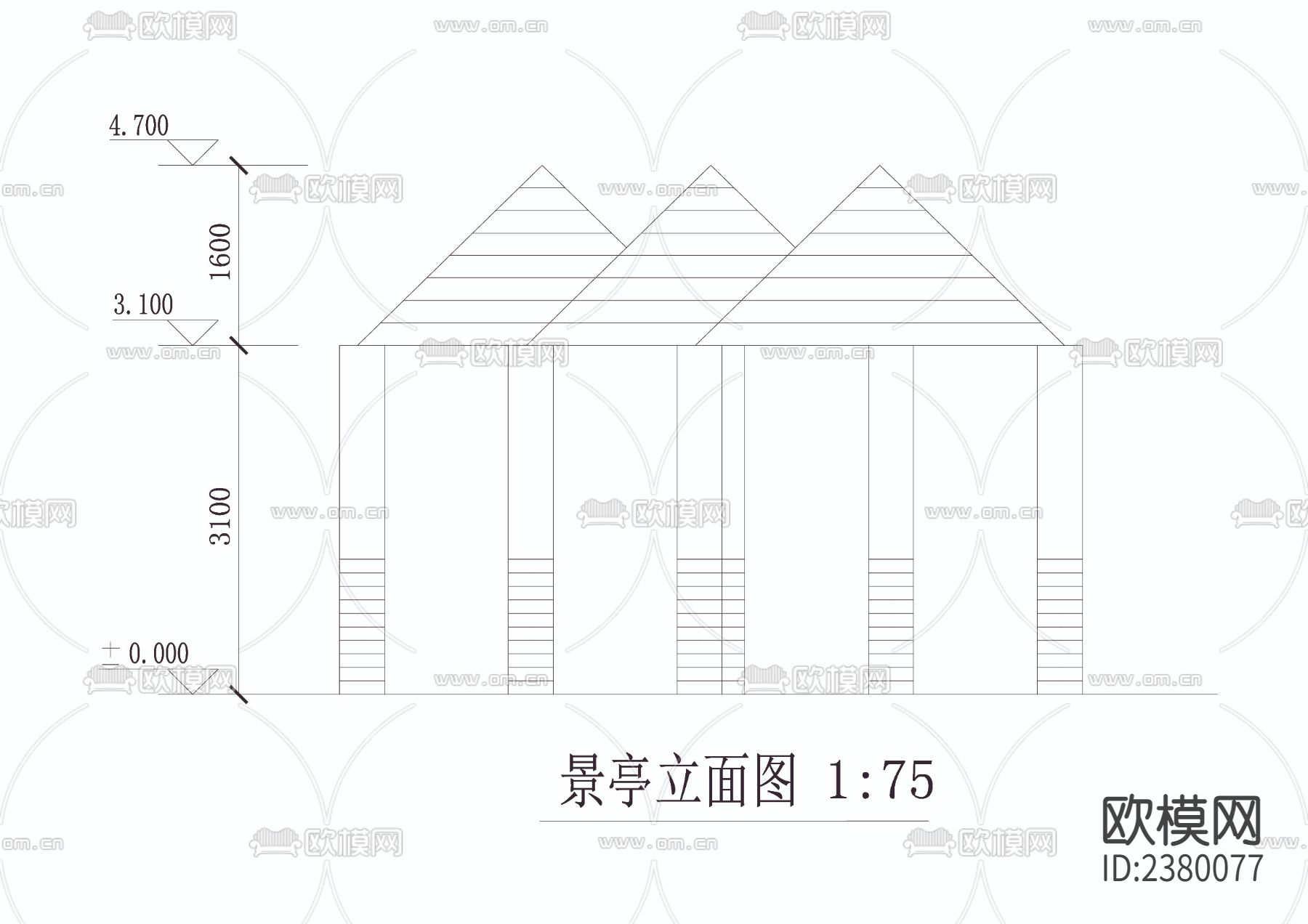 三连透光景亭CAD施工图下载（渲染图4）