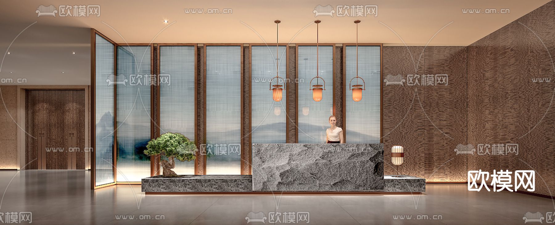 新中式前台接待3d模型下载
