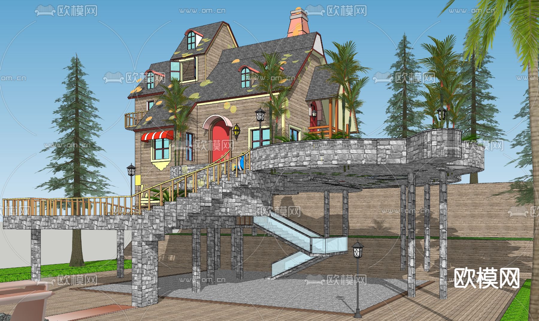 美式别墅外观su模型下载（渲染图1）
