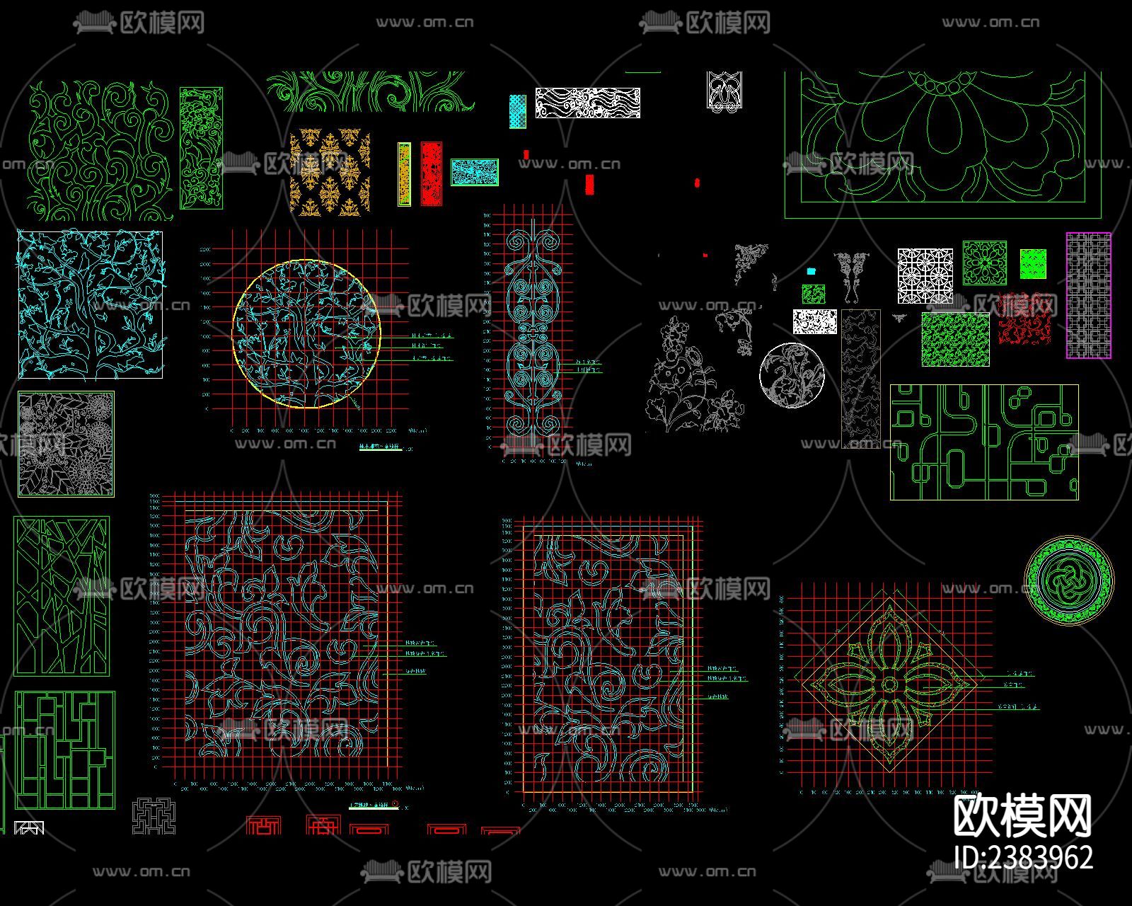 京剧脸谱百福字花雕花纹cad图库下载（渲染图6）