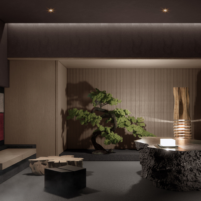  侘寂民宿前台接待su模型 