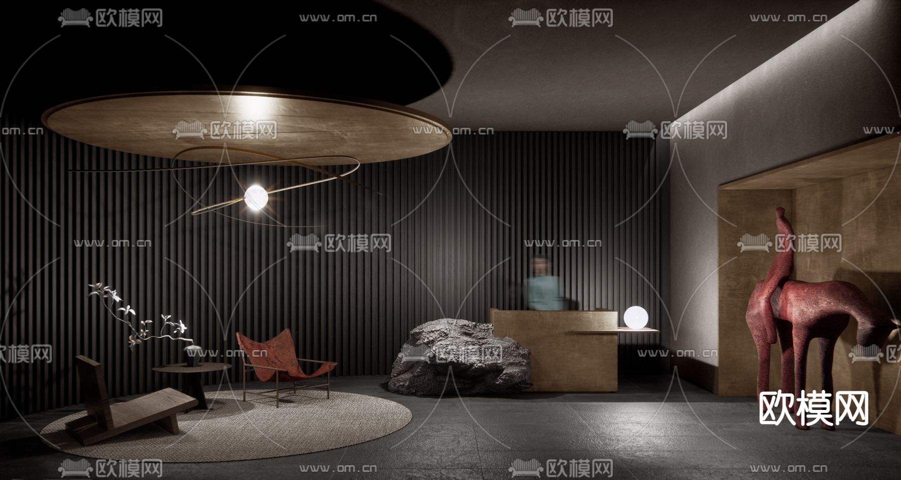 暗黑风酒店前台接待区su模型