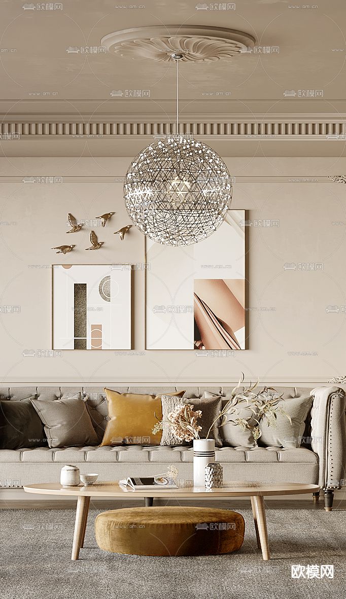 法式客厅su模型下载（渲染图2）