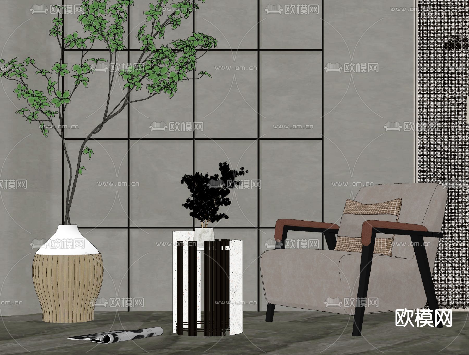 现代轻奢单人沙发角几饰品组合su模型下载（渲染图2）