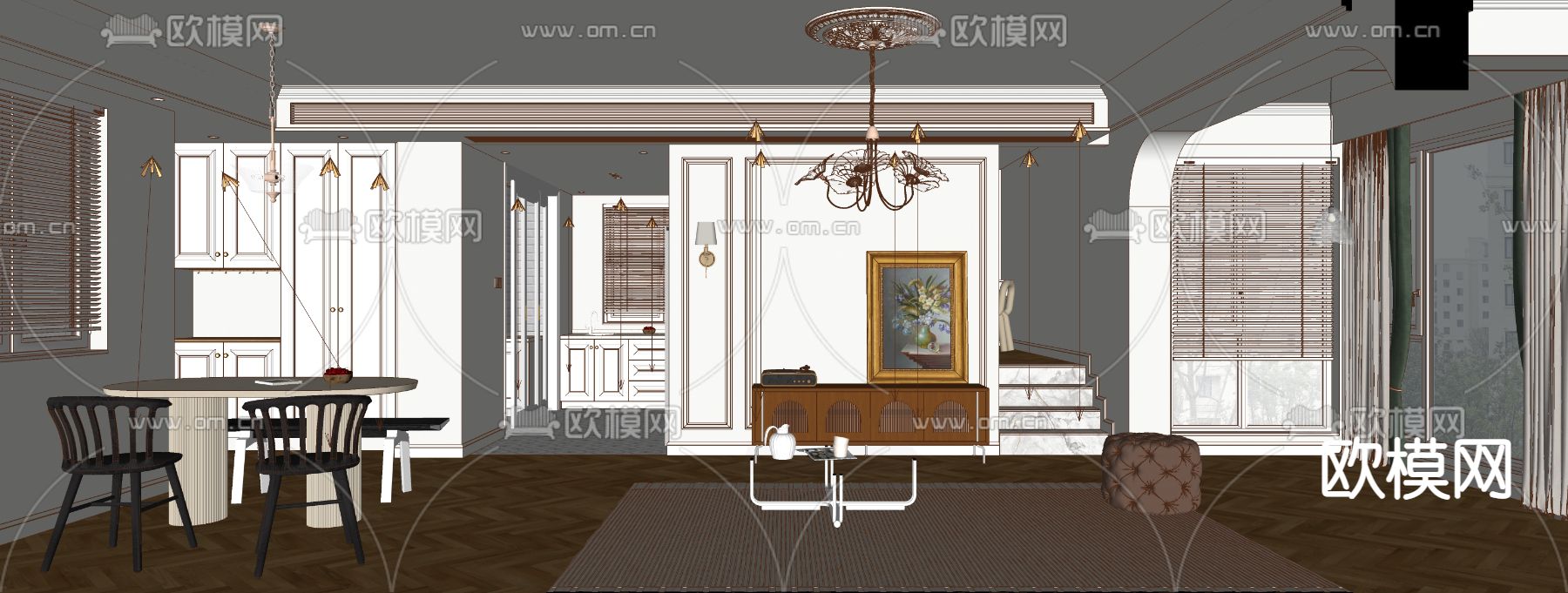 美式客厅餐厅su模型下载（渲染图3）