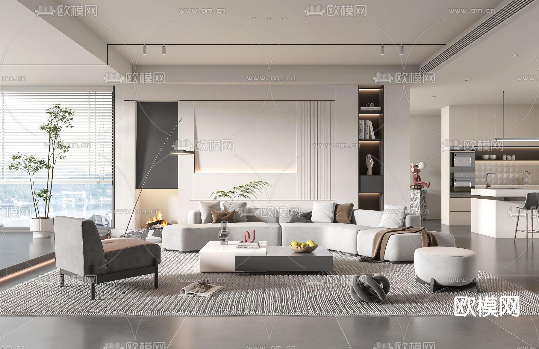 奶油风客厅3d模型下载_ID12213603_3dmax免费模型-欧模网