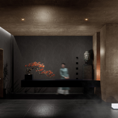  新中式民宿前台接待su模型 