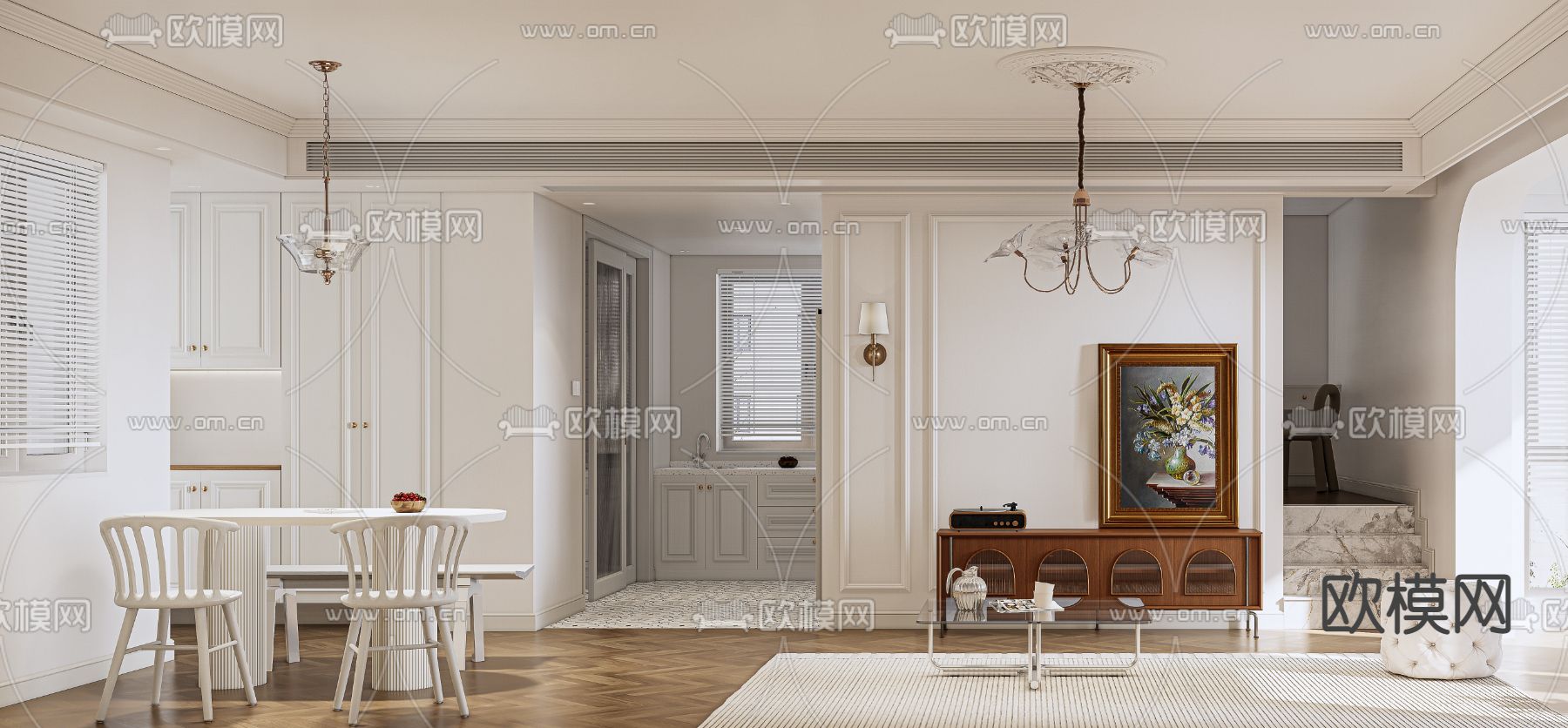 美式客厅餐厅su模型下载（渲染图1）