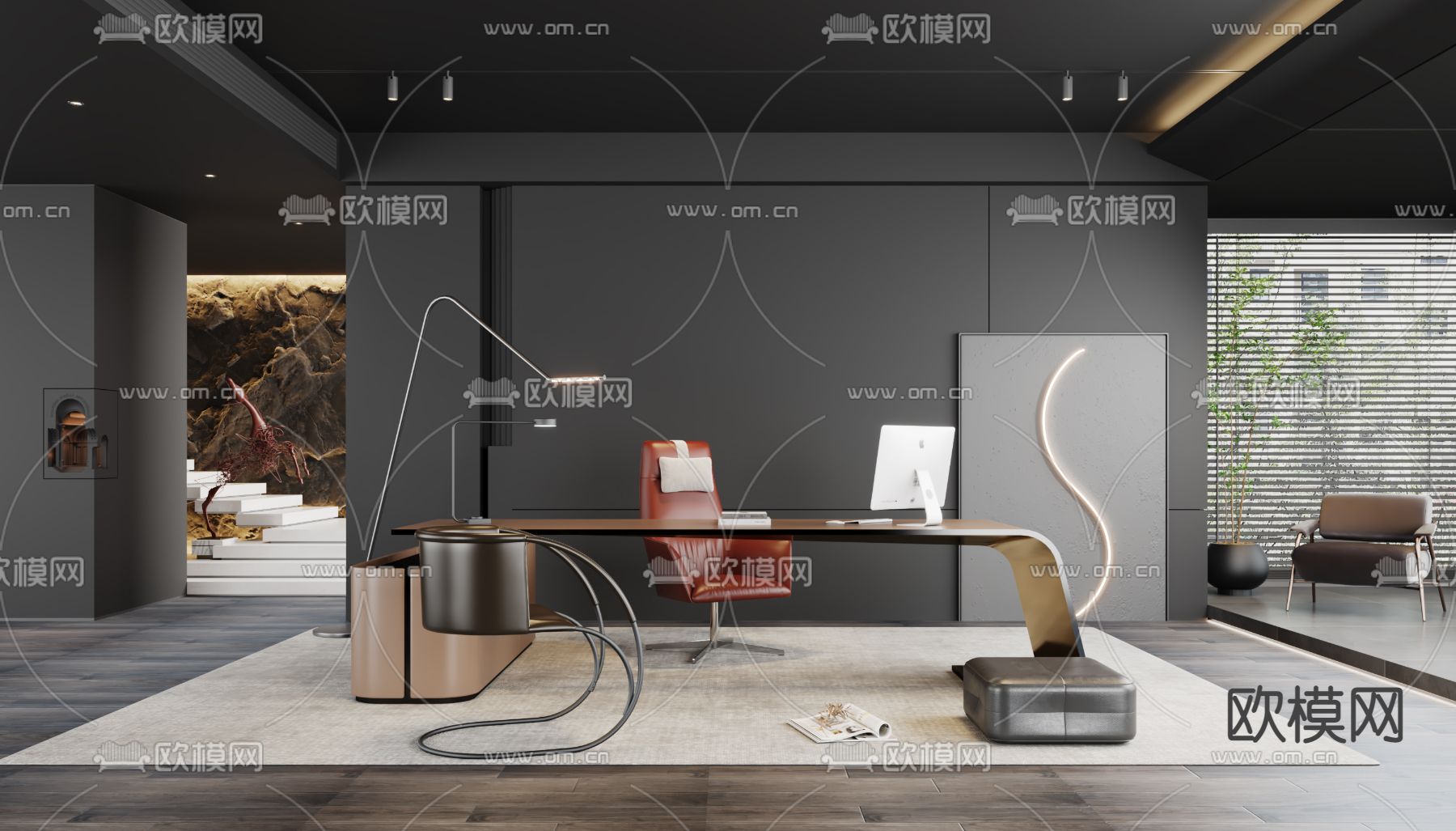 Minotti 班台桌椅 办公桌椅su模型下载（渲染图1）