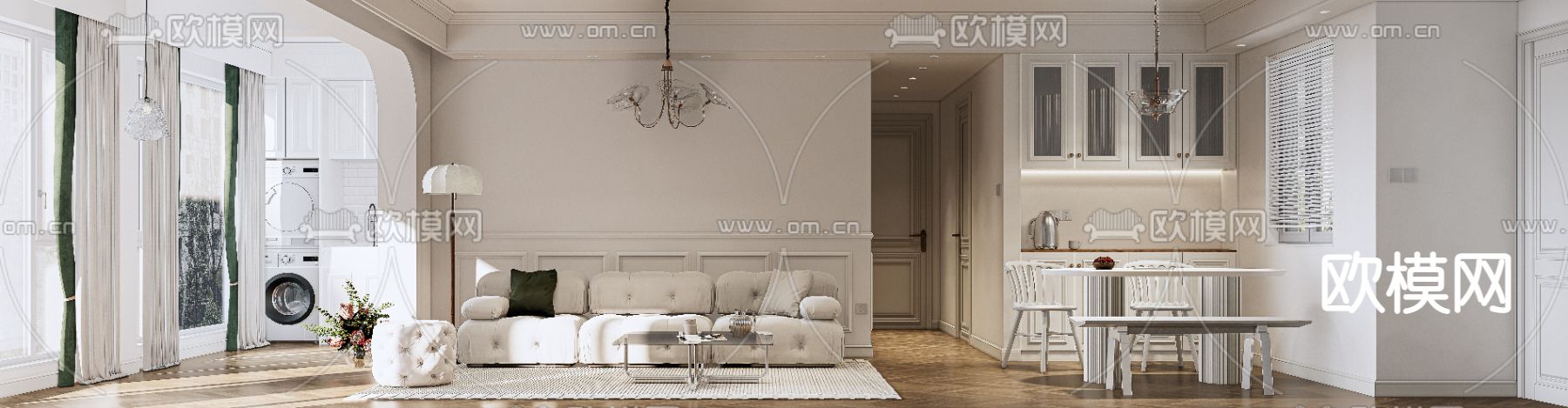 美式客厅餐厅su模型下载（渲染图2）