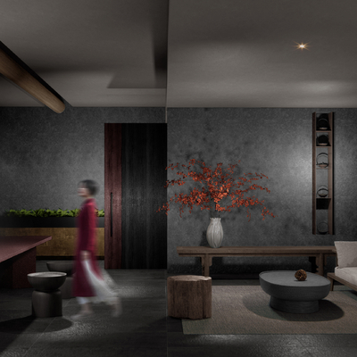  侘寂风民宿前台接待su模型 