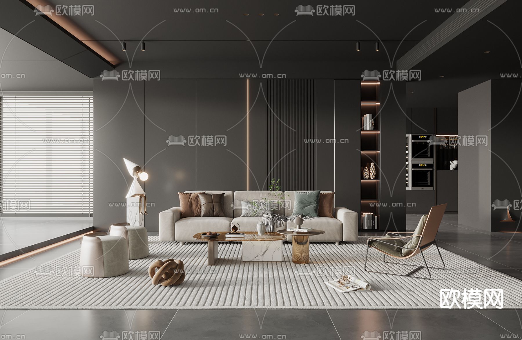 暗黑风客厅3d模型下载