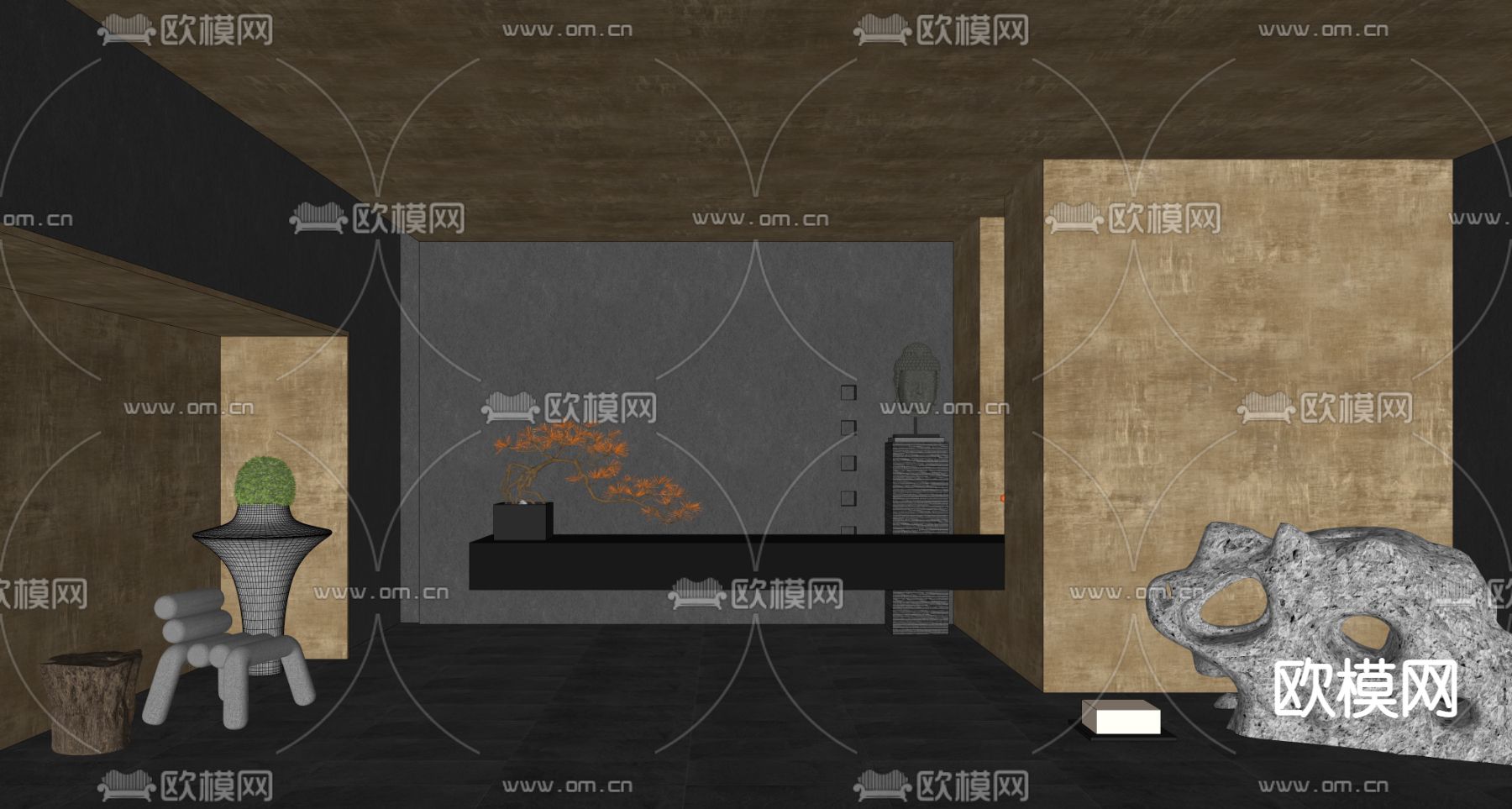 新中式民宿前台接待su模型下载（渲染图2）