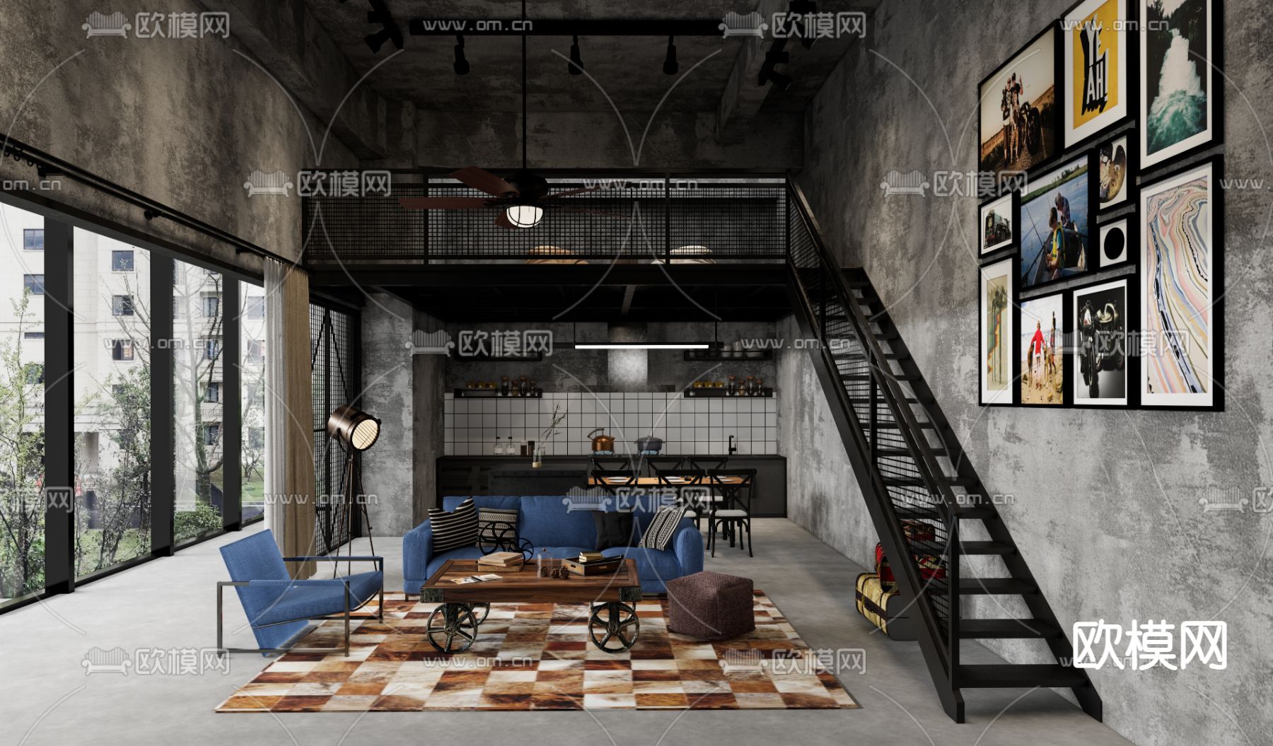 工业风复式公寓su模型下载（渲染图1）