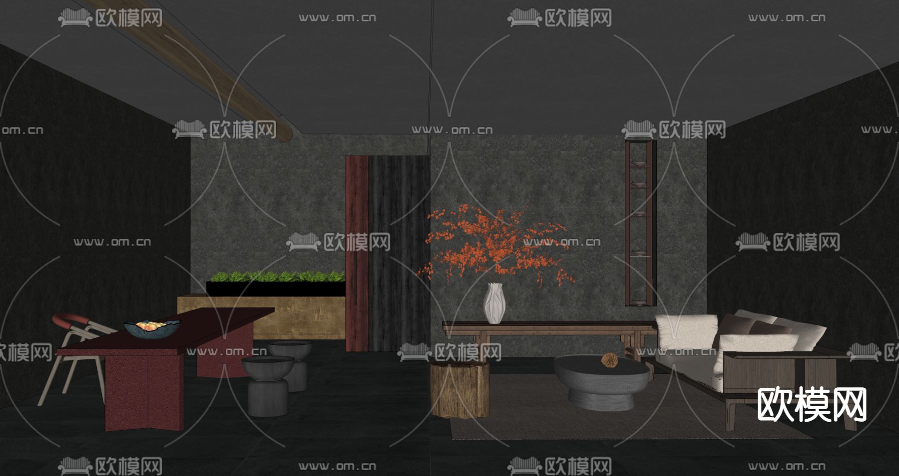 侘寂风民宿前台接待su模型下载（渲染图2）