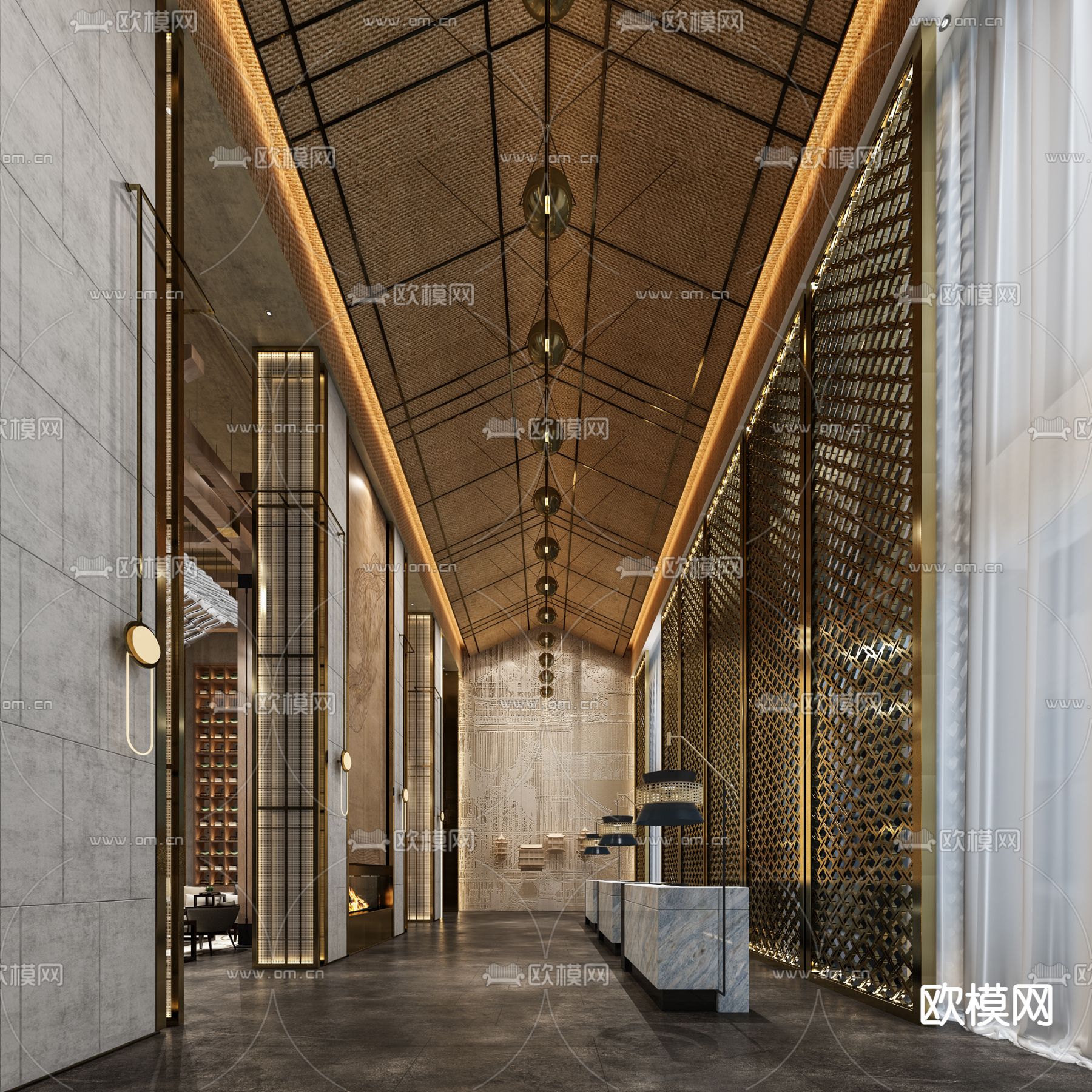 新中式酒店大厅免费3d模型下载（渲染图1）
