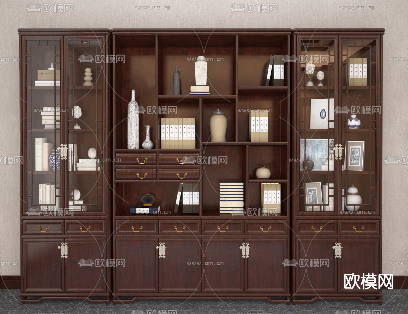 中式书柜su模型下载（渲染图1）