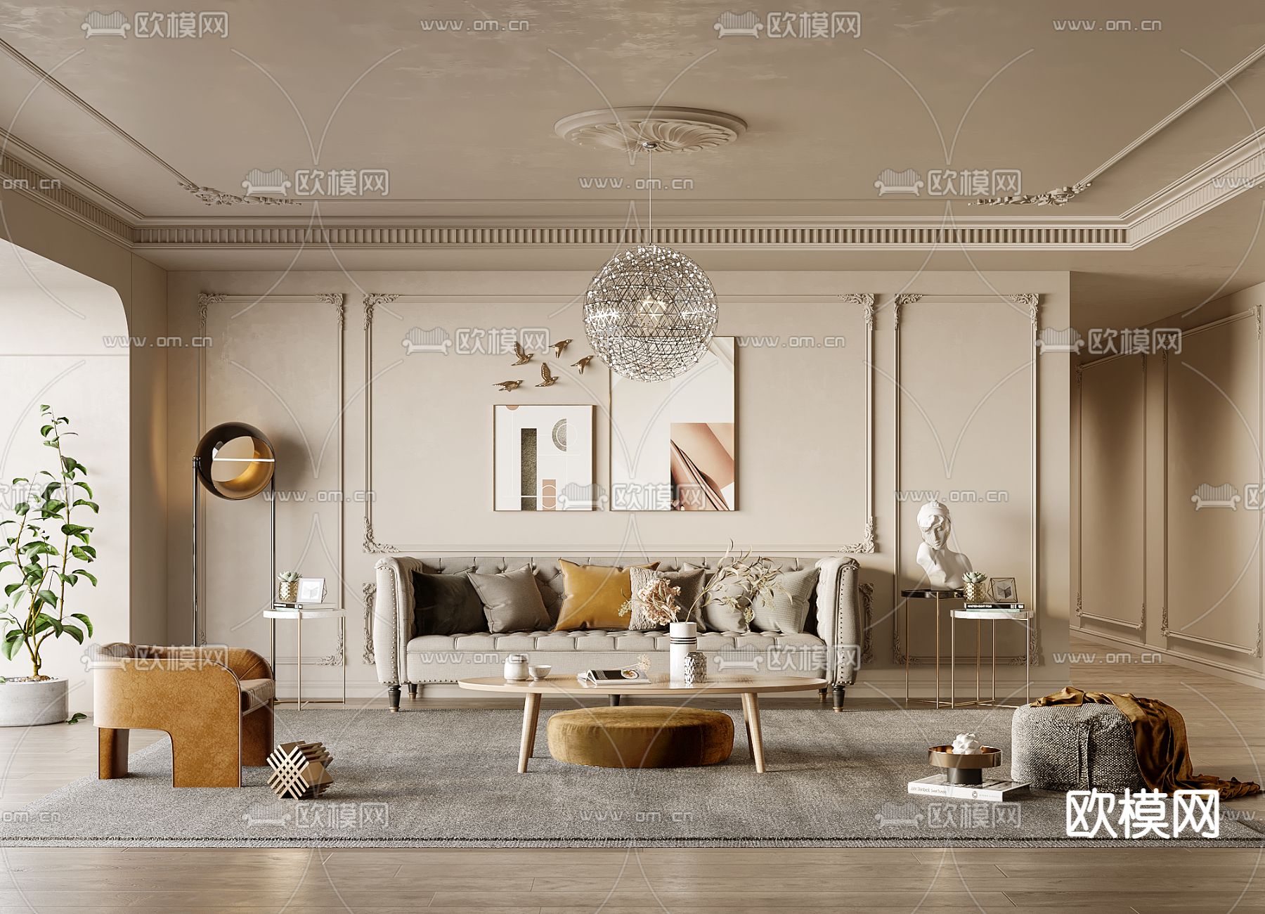 法式客厅su模型下载（渲染图1）