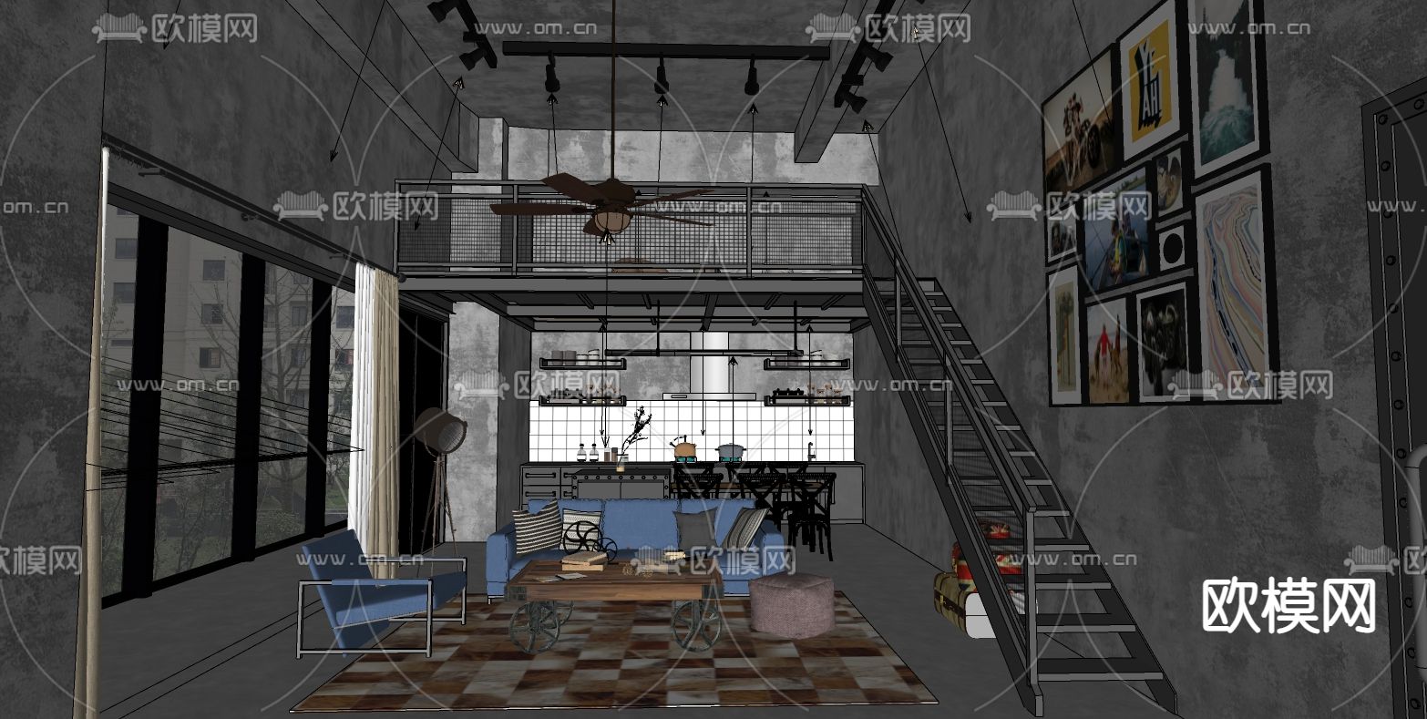 工业风复式公寓su模型下载（渲染图2）