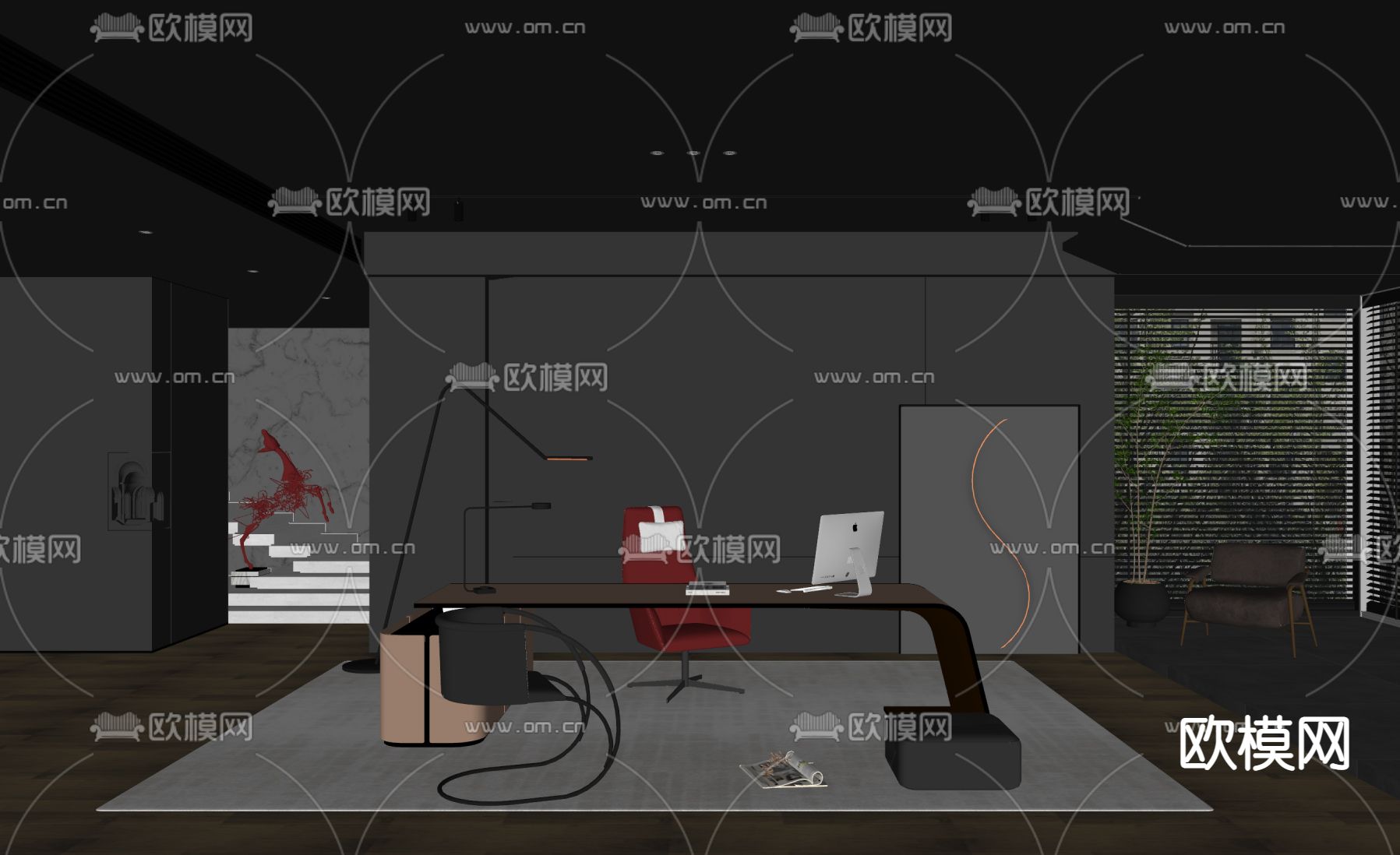 Minotti 班台桌椅 办公桌椅su模型下载（渲染图2）