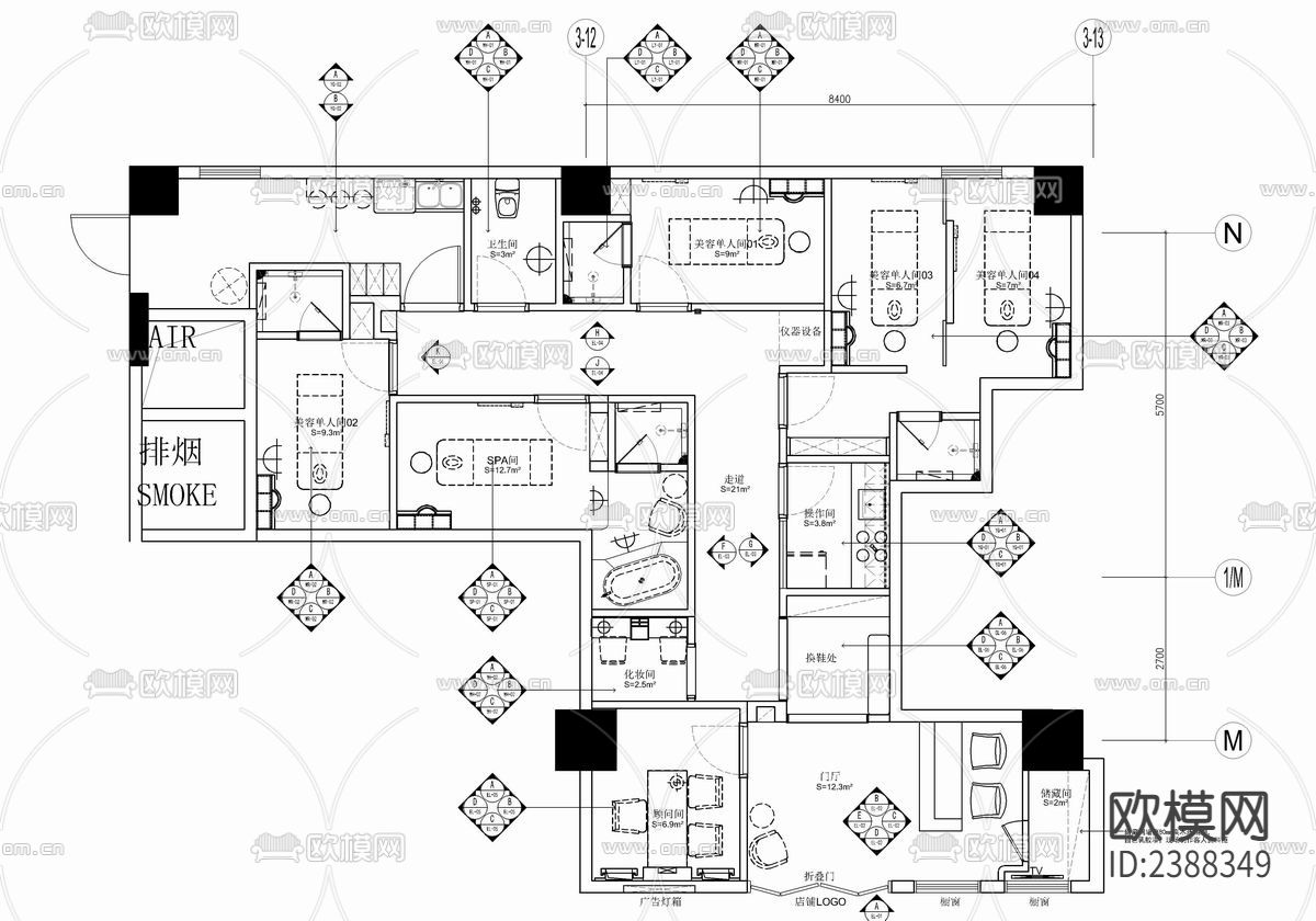 150㎡美容SPA会所CAD施工图下载（渲染图3）