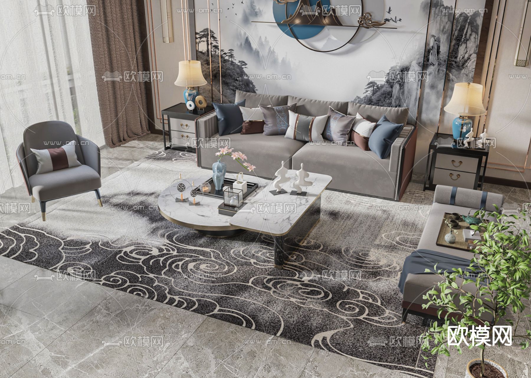 新中式组合沙发3d模型下载