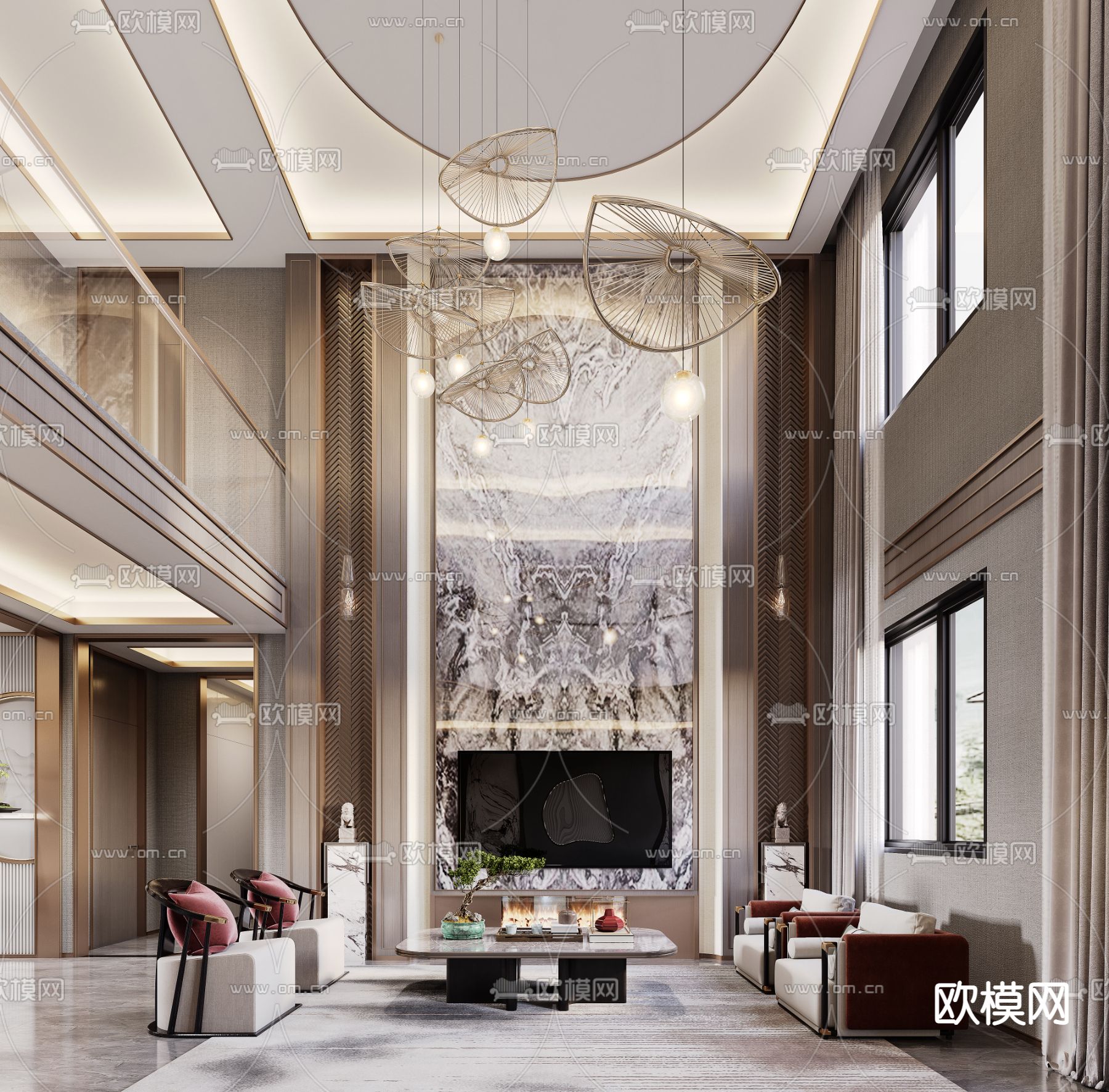 新中式挑空别墅客餐厅3d模型下载（渲染图3）