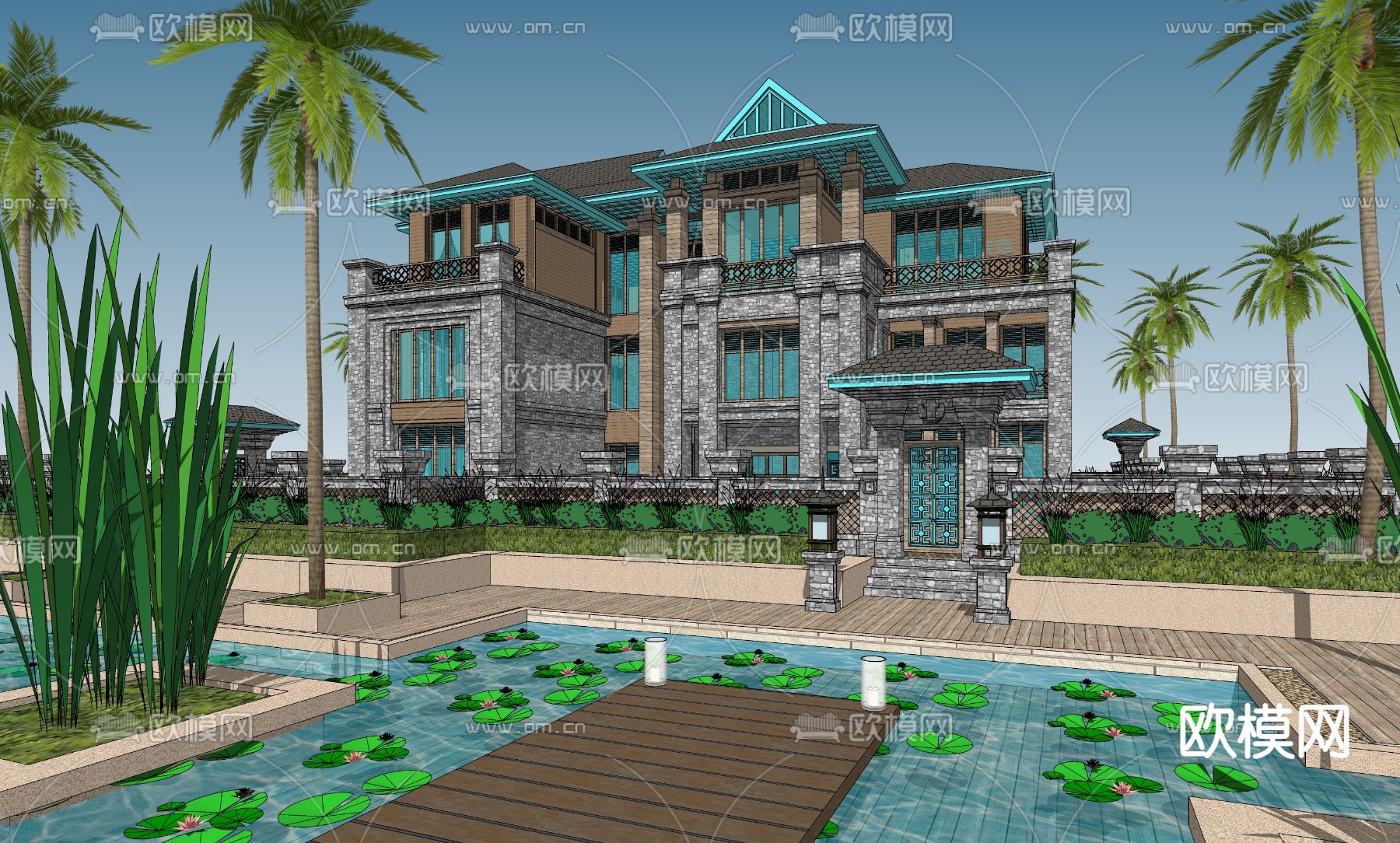 东南亚独栋别墅外观su模型下载（渲染图1）