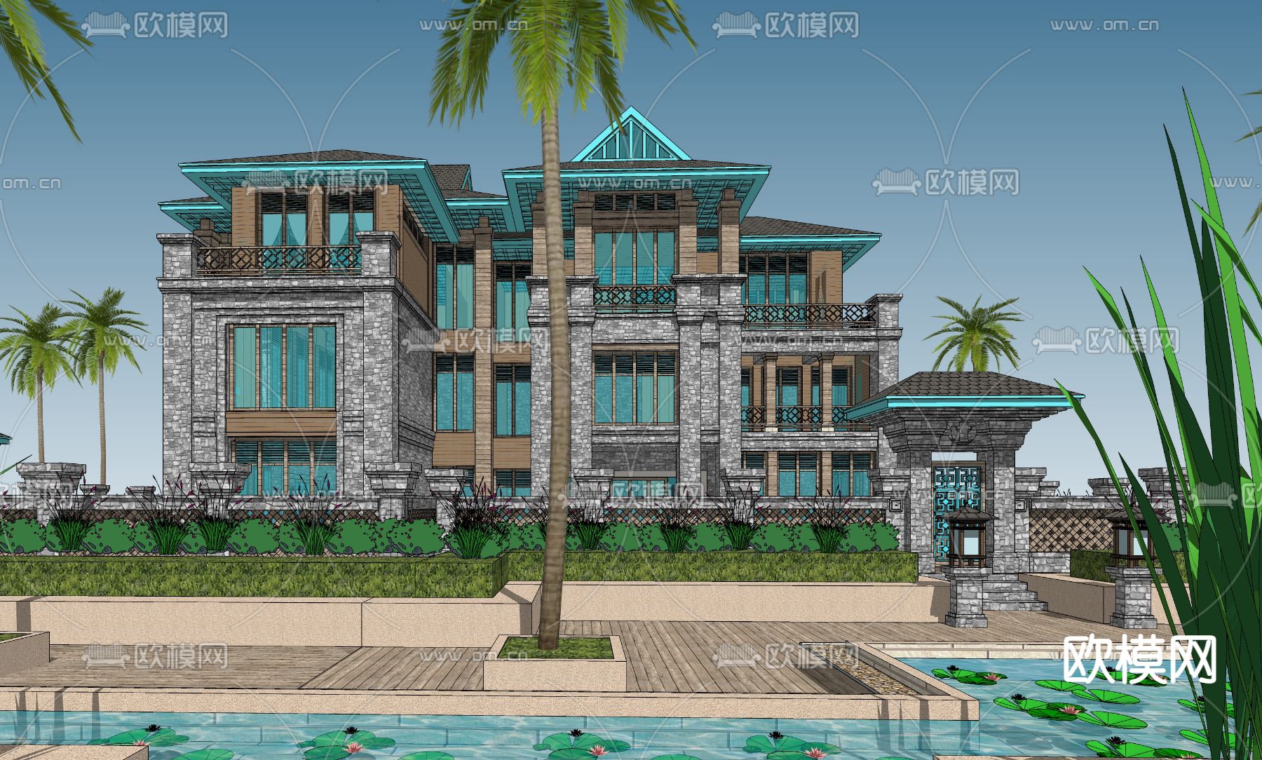 东南亚独栋别墅外观su模型下载（渲染图3）
