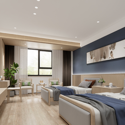  新中式酒店双床客房su模型 