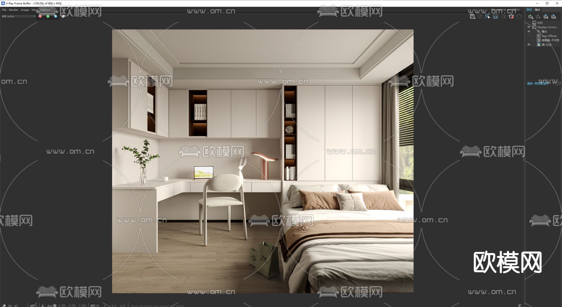 奶油风榻榻米卧室su模型下载（渲染图4）