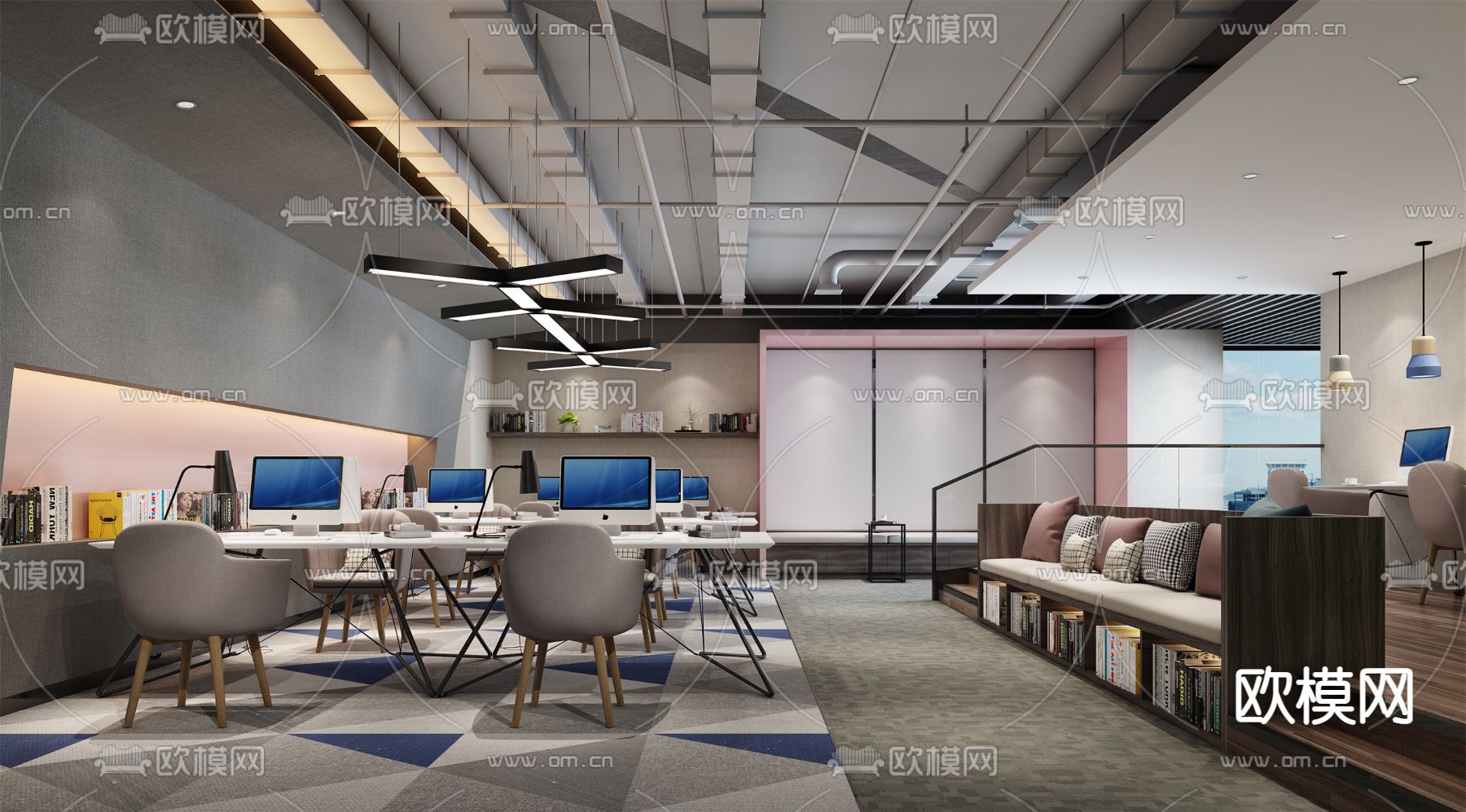 敞开式办公区 办公室su模型下载（渲染图1）